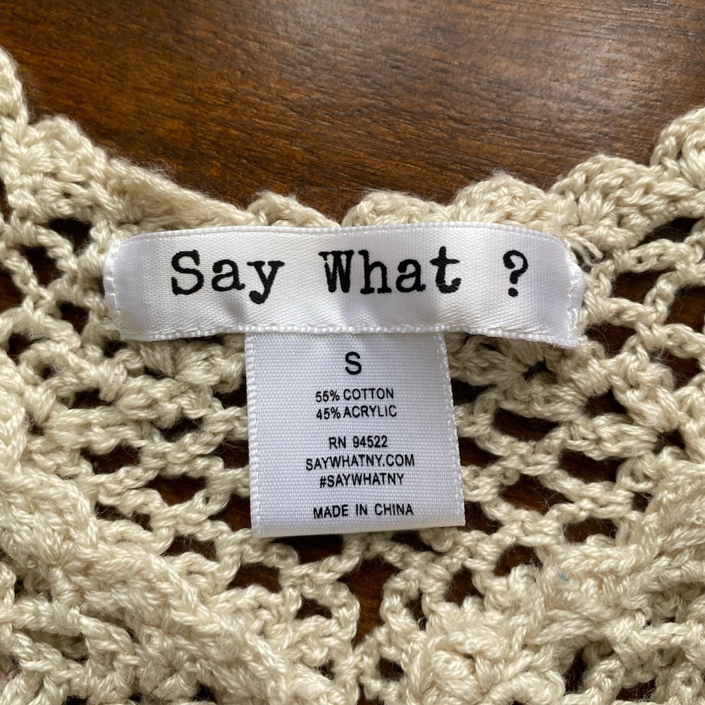 Say What? Crocheted Cream/Tan/Off-White Cropped Top; Size:Small - Picture 6 of 9